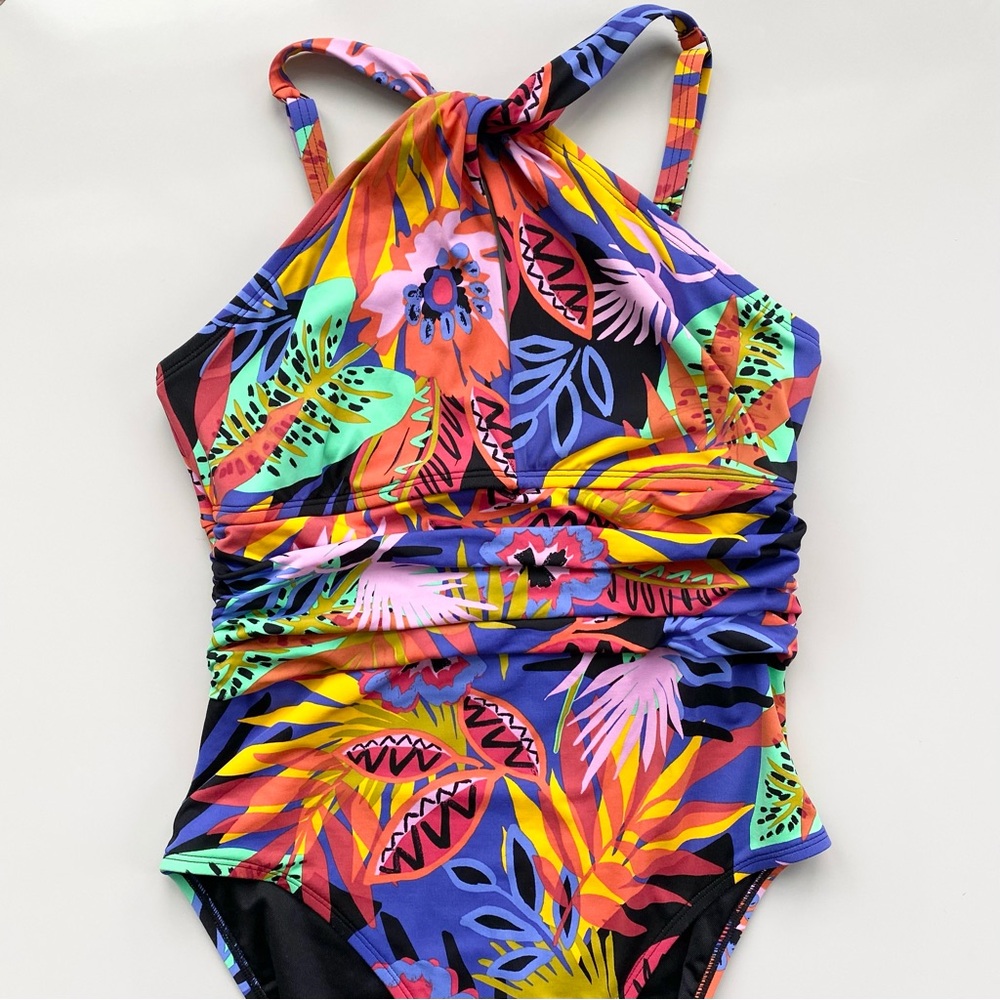 Blue Rod Beattie One Piece Keyhole Swimsuit with Tropical Print